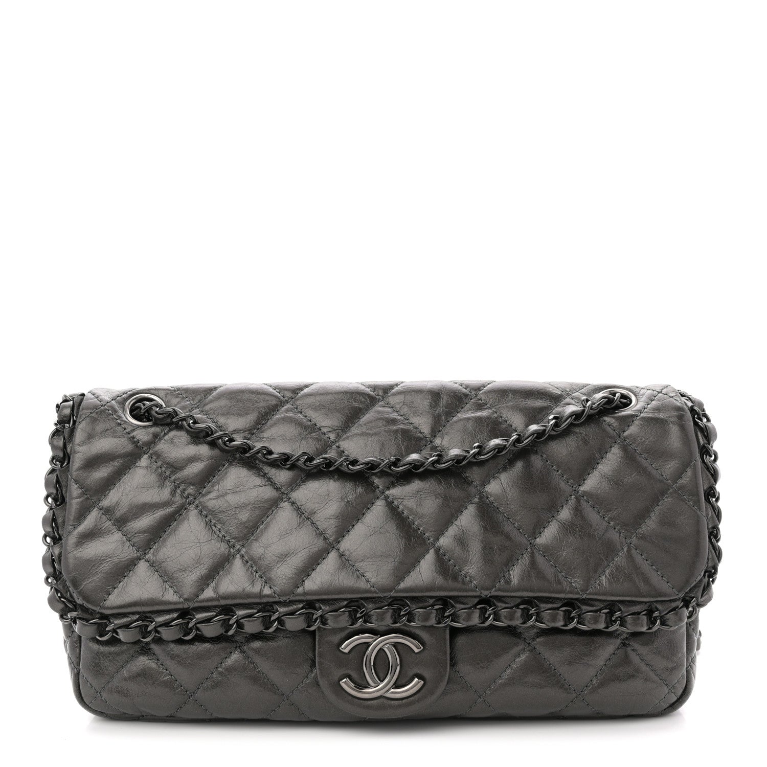 Metallic Calfskin Quilted Medium Chain Me Flap Grey