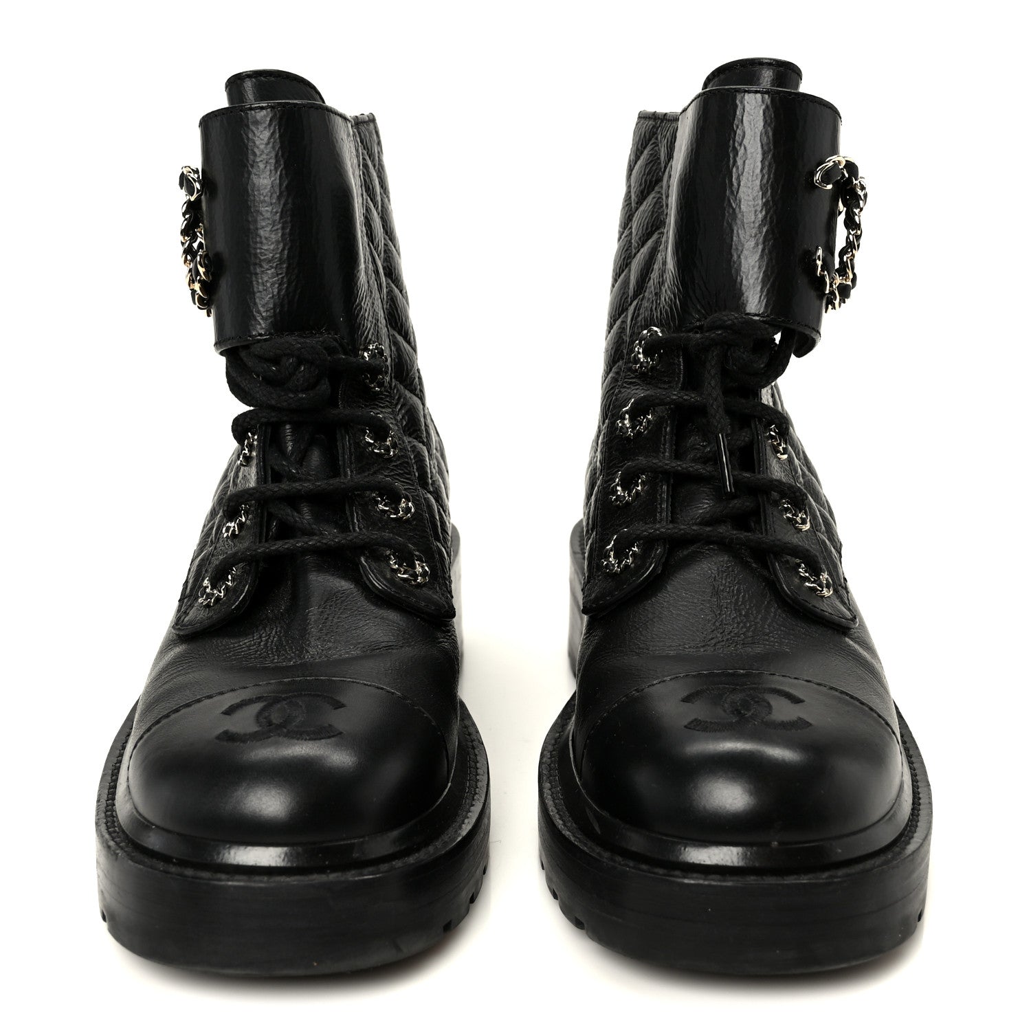 Shiny Goatskin Calfskin Quilted Lace Up Combat Boots 37.5 Black