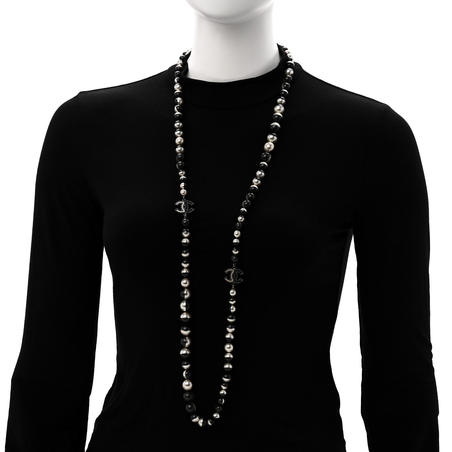 Pearl Bead CC Long Necklace White Grey