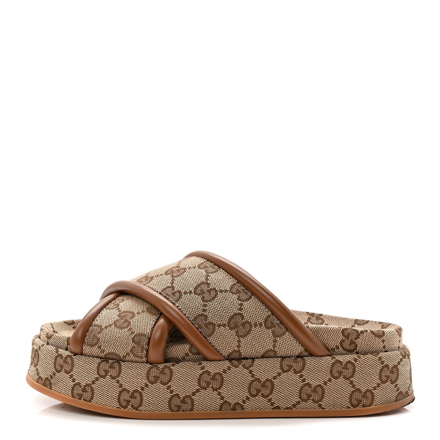 Monogram GG Calfskin Angelina Platform 55mm Slide Sandals 35 Camel Ebony