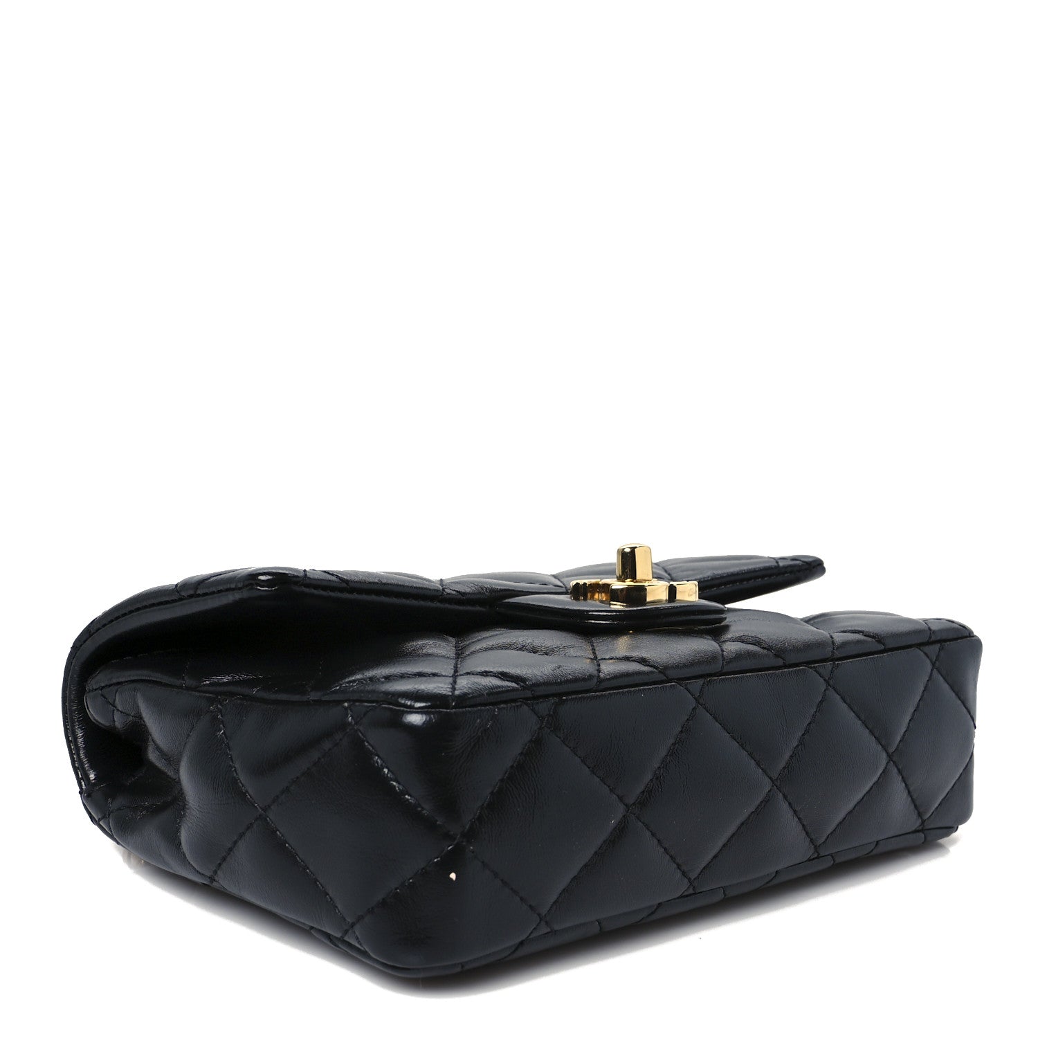 Shiny Lambskin Quilted Golden Links Top Handle Flap Black