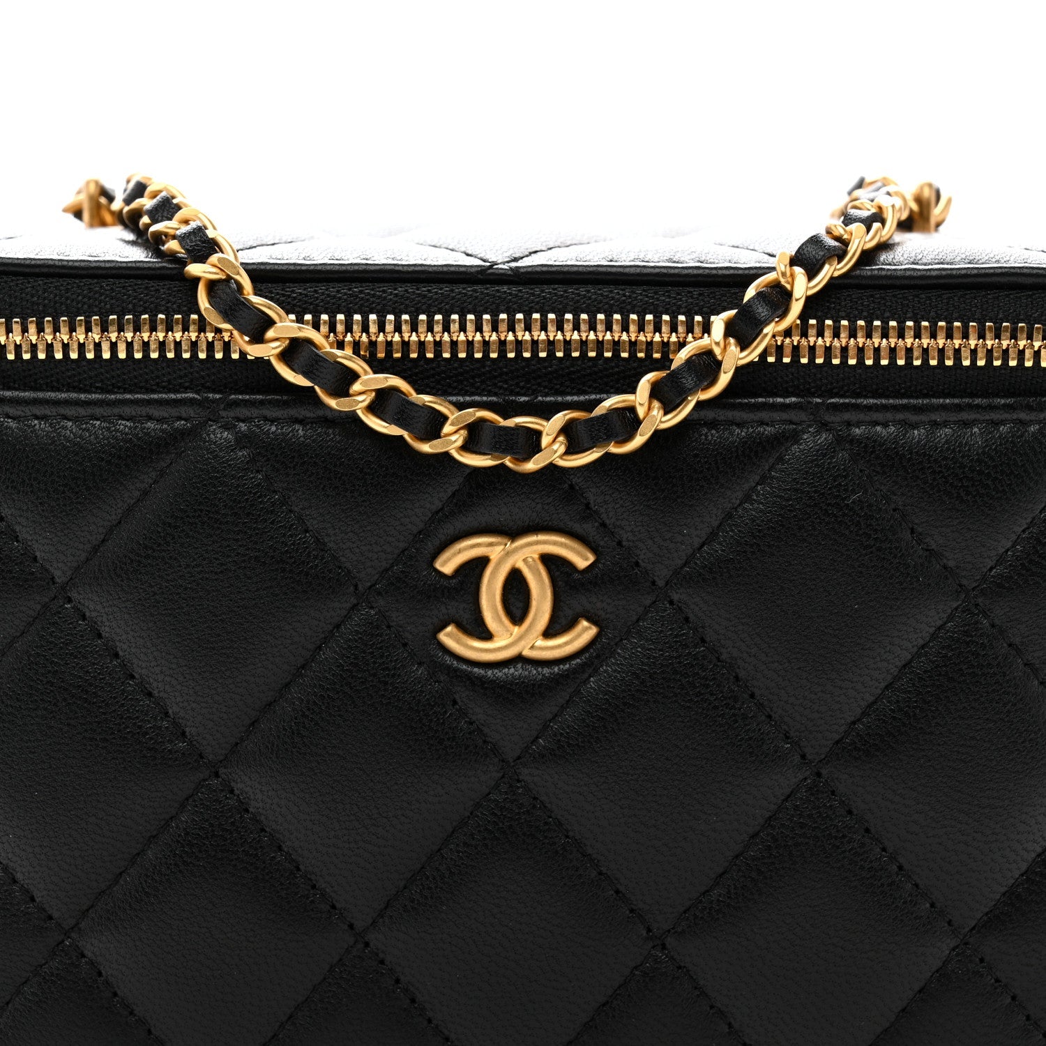 Lambskin Enamel Quilted Small Coco Hearts Vanity Case With Chain Black
