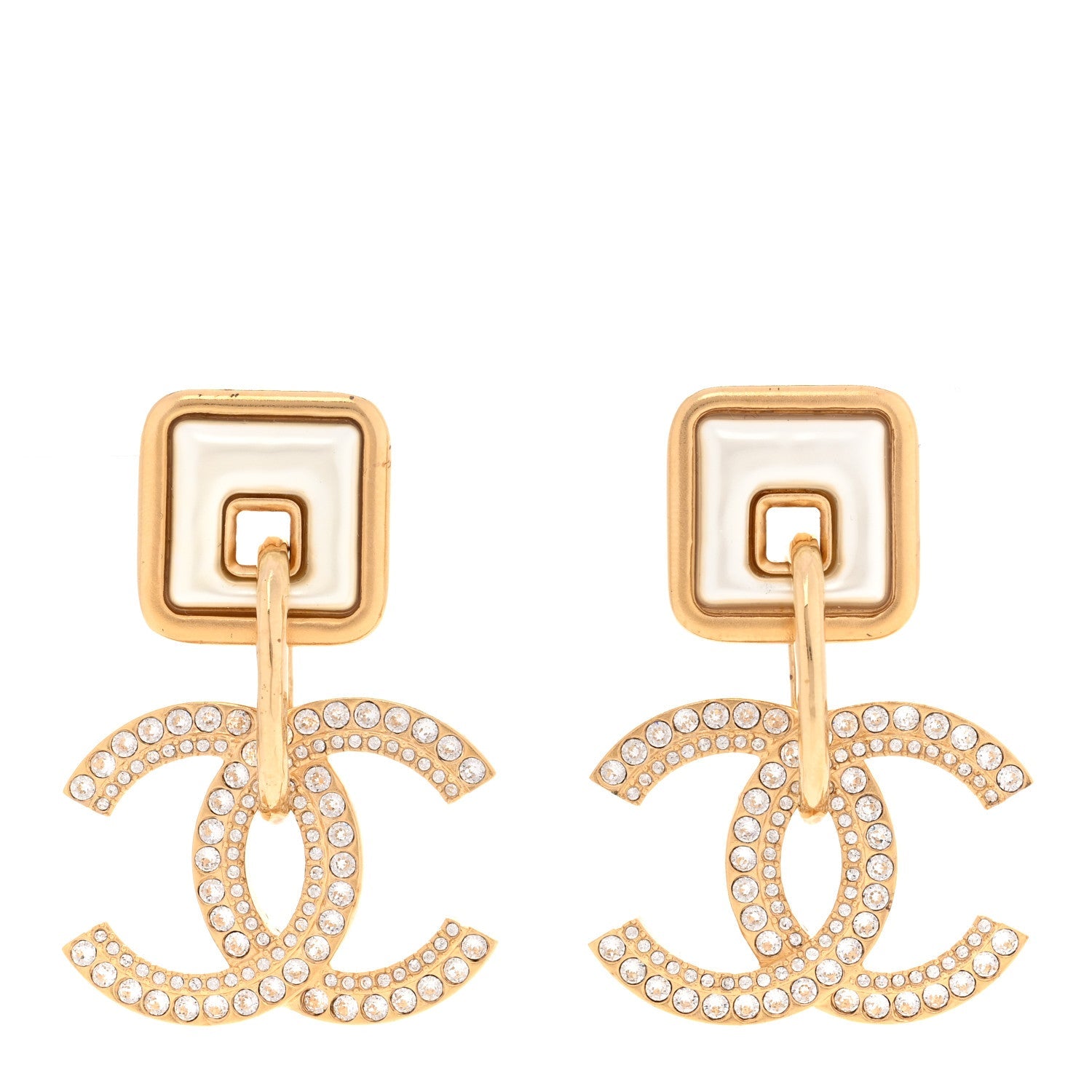 Crystal Pearl CC Square Drop Earrings Gold Pearly White