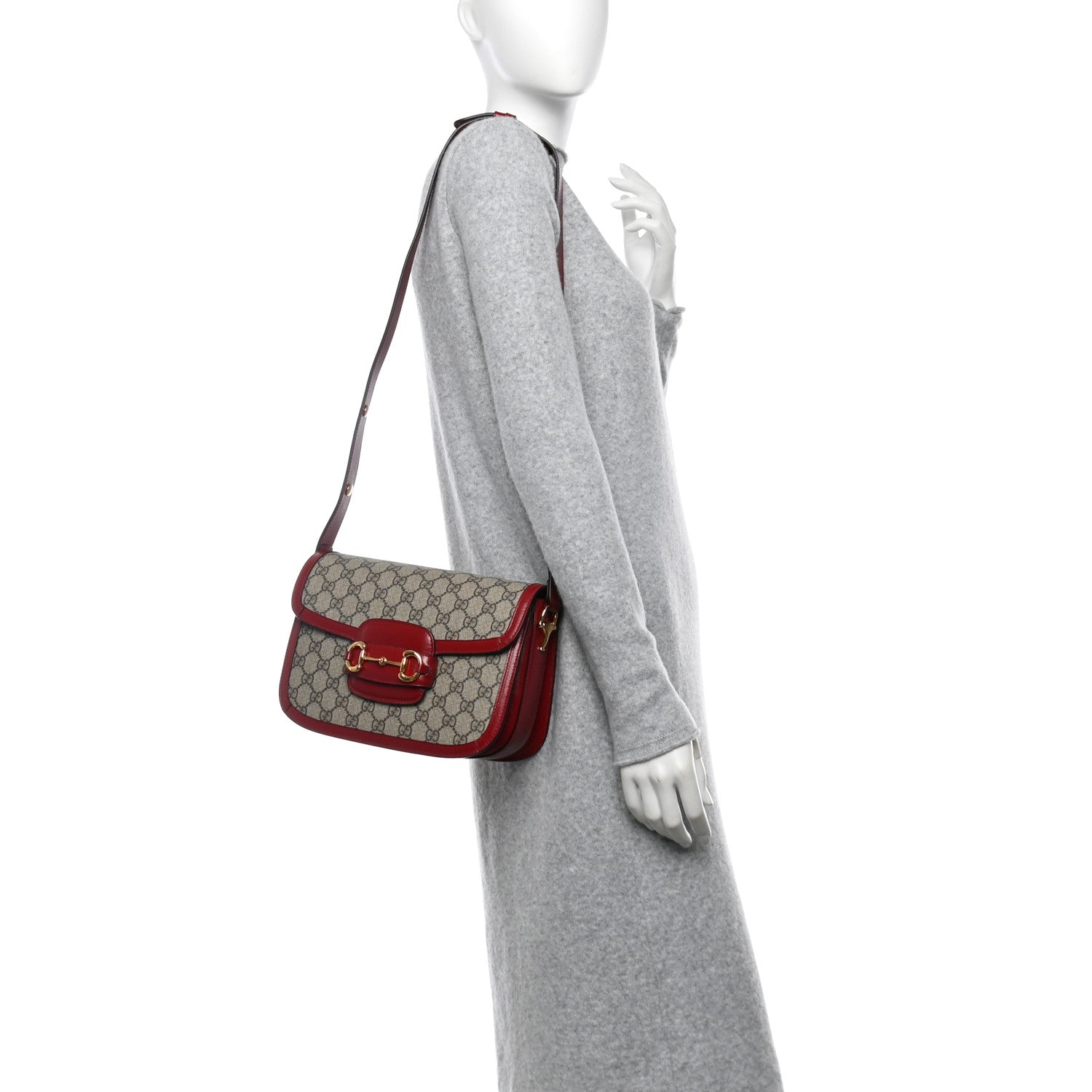 GG Supreme Monogram Azalea Calfskin Horsebit 1955 Shoulder Bag Beige Ebony New Cherry Red