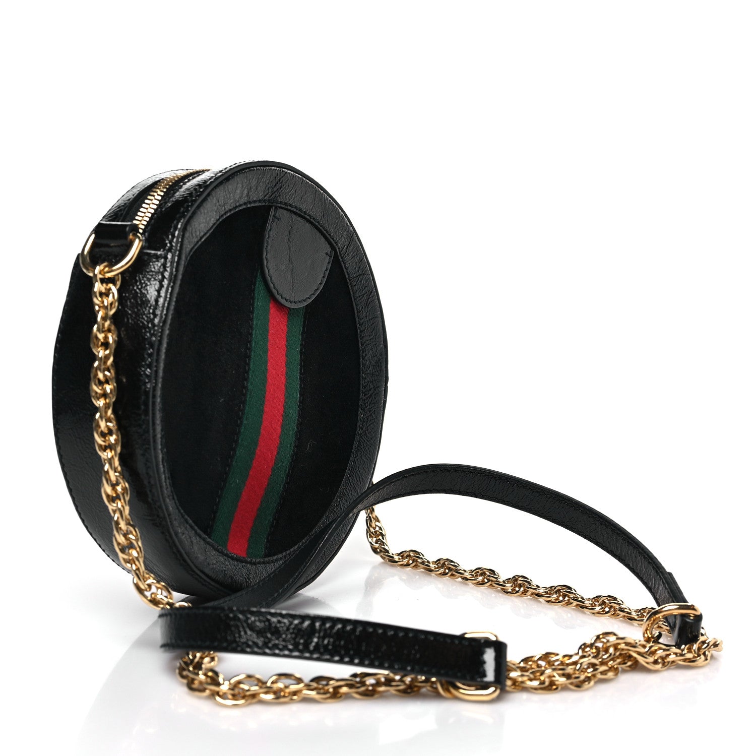 Suede Patent Web Mini Ophidia Round Shoulder Bag Black