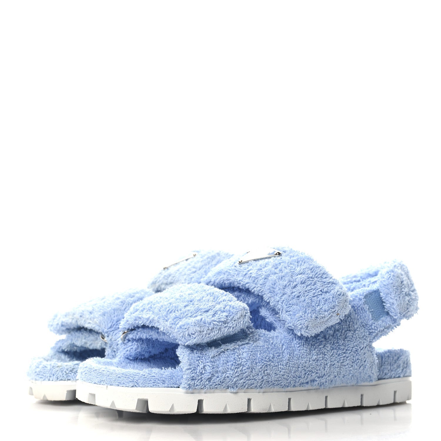 Terry Cloth Metal Triangle Logo Double Strap Slingback Lug Sole 20mm Sandals 36 Celeste