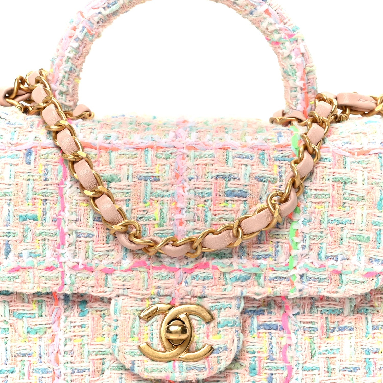 Tweed Quilted Baywatch Top Handle Flap Light Pink Green Orange Purple