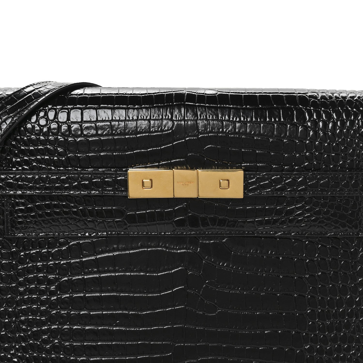 Shiny Calfskin Crocodile Embossed Manhattan Baguette Black