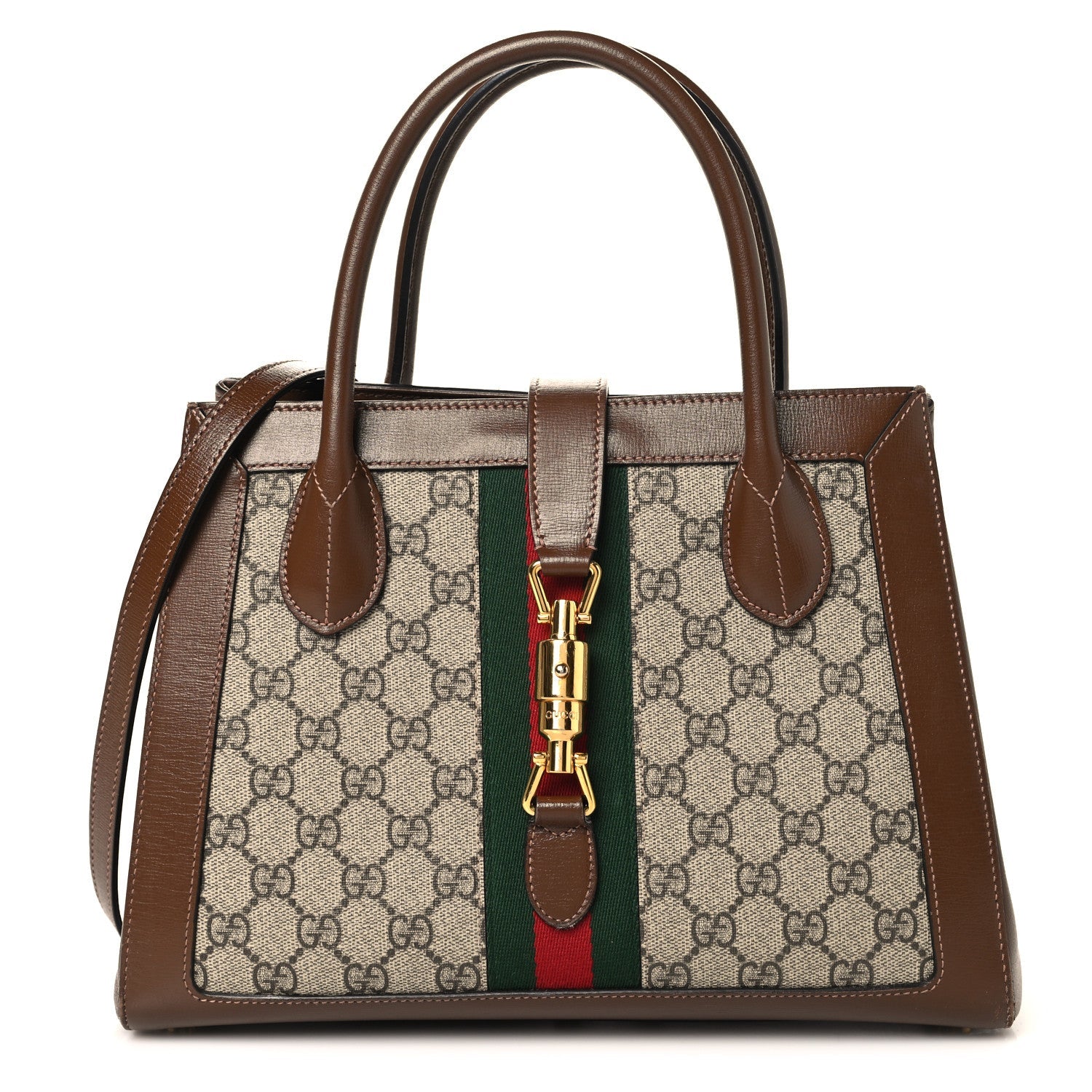 GG Supreme Monogram Azalea Calfskin Web Medium Jackie 1961 Tote Beige Ebony Brown Sugar