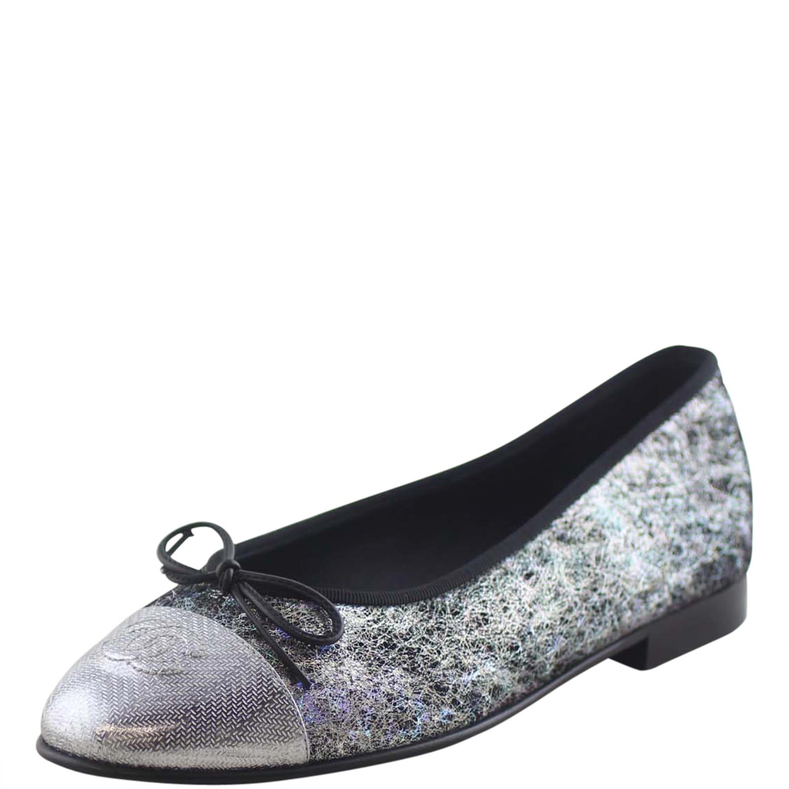 Chanel Metallic Silver Calfskin Hologram Cap Toe Ballerina Flats