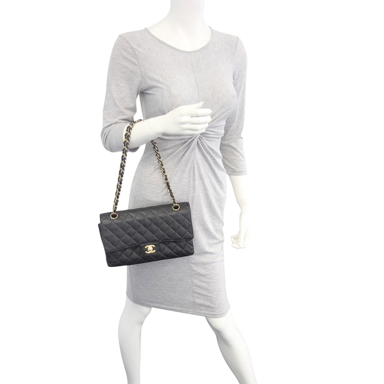 Chanel Classic Double Flap Medium | Black Caviar Gold Hardware Double Chain Strap