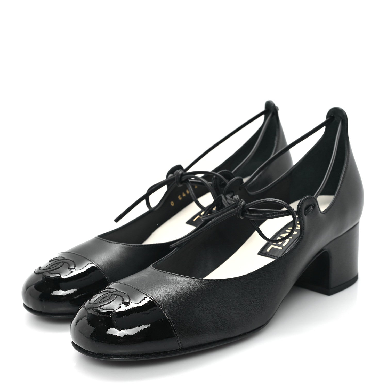 Lambskin Patent Cap Toe CC Mary Jane Pumps 37.5 Black