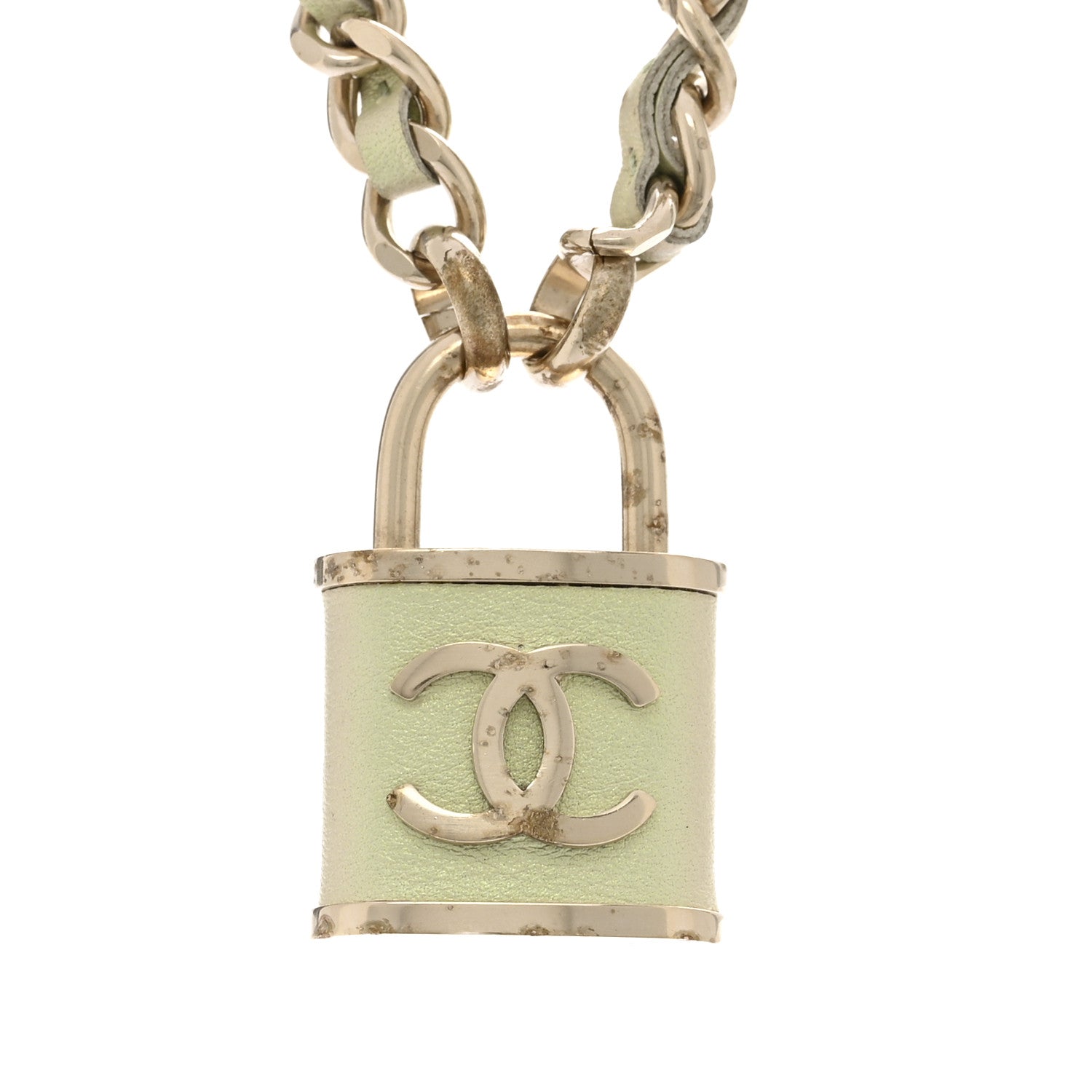 Metal Lambskin Lock Necklace Iridescent Green