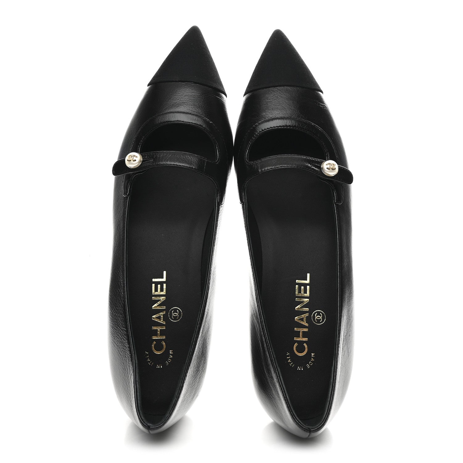Shiny Lambskin Grosgrain Pearl Mary Jane Flats 40 Black