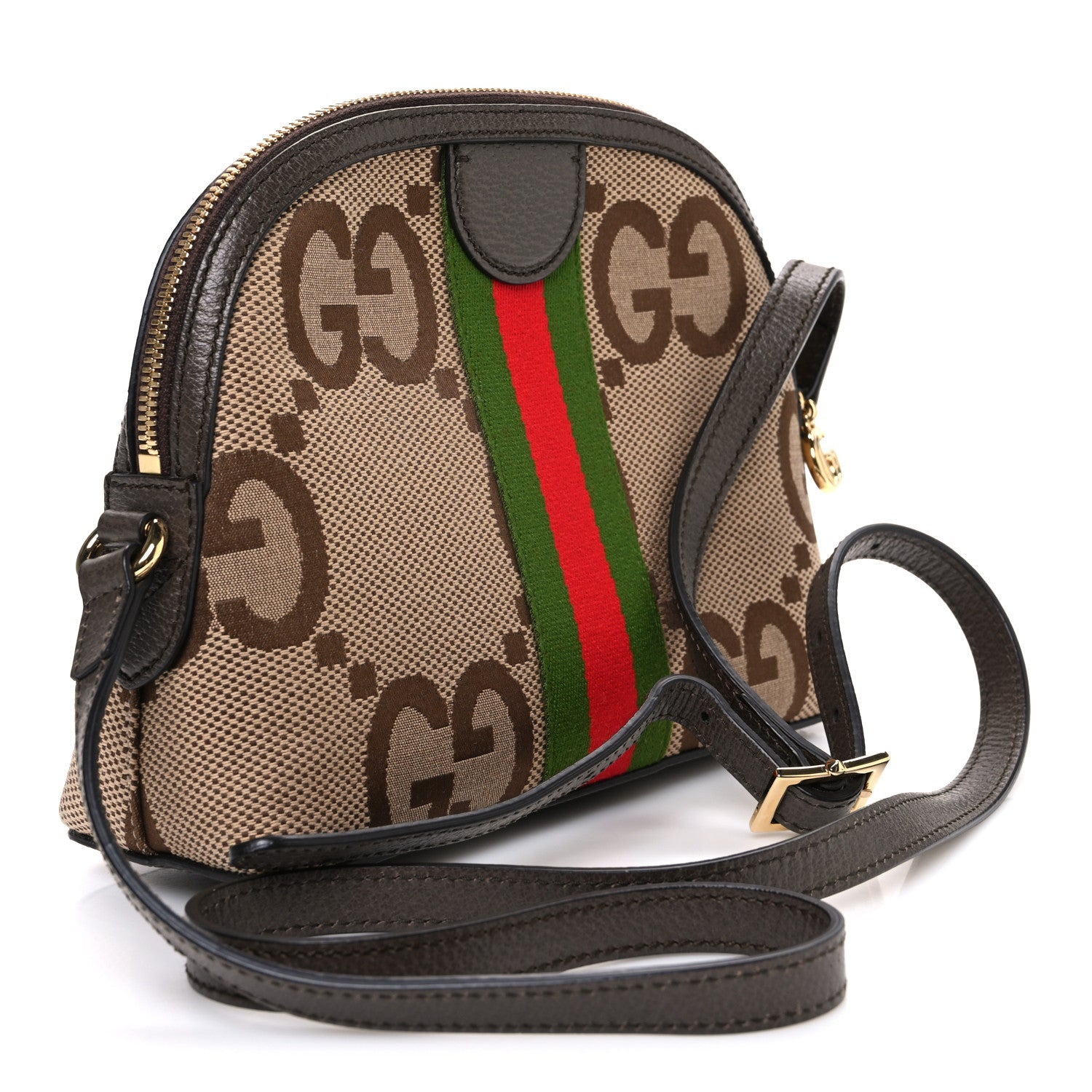 Monogram Jumbo GG Textured Dollar Calfskin Web Small Ophidia Dome Shoulder Bag Camel Ebony New Acero