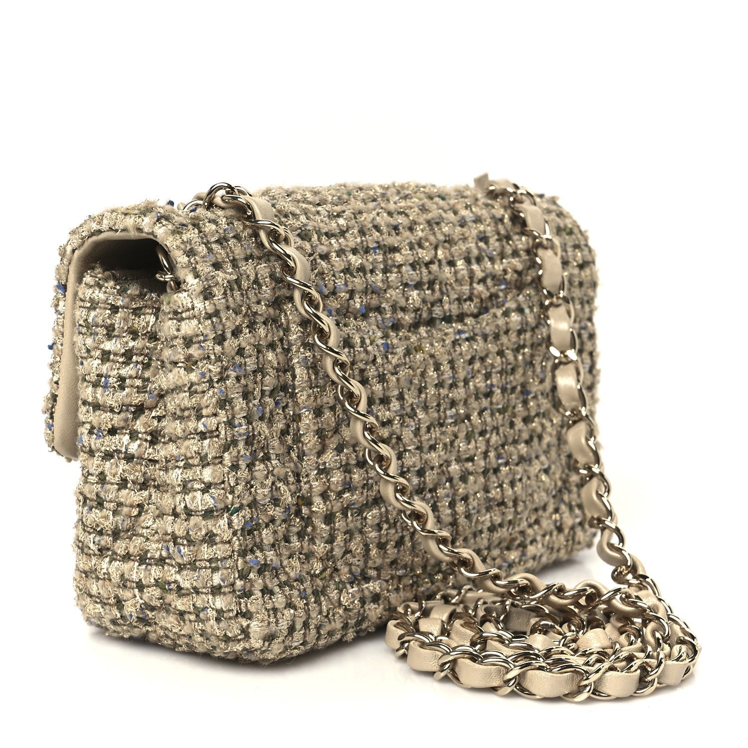 Tweed Quilted Mini Rectangular Flap Beige