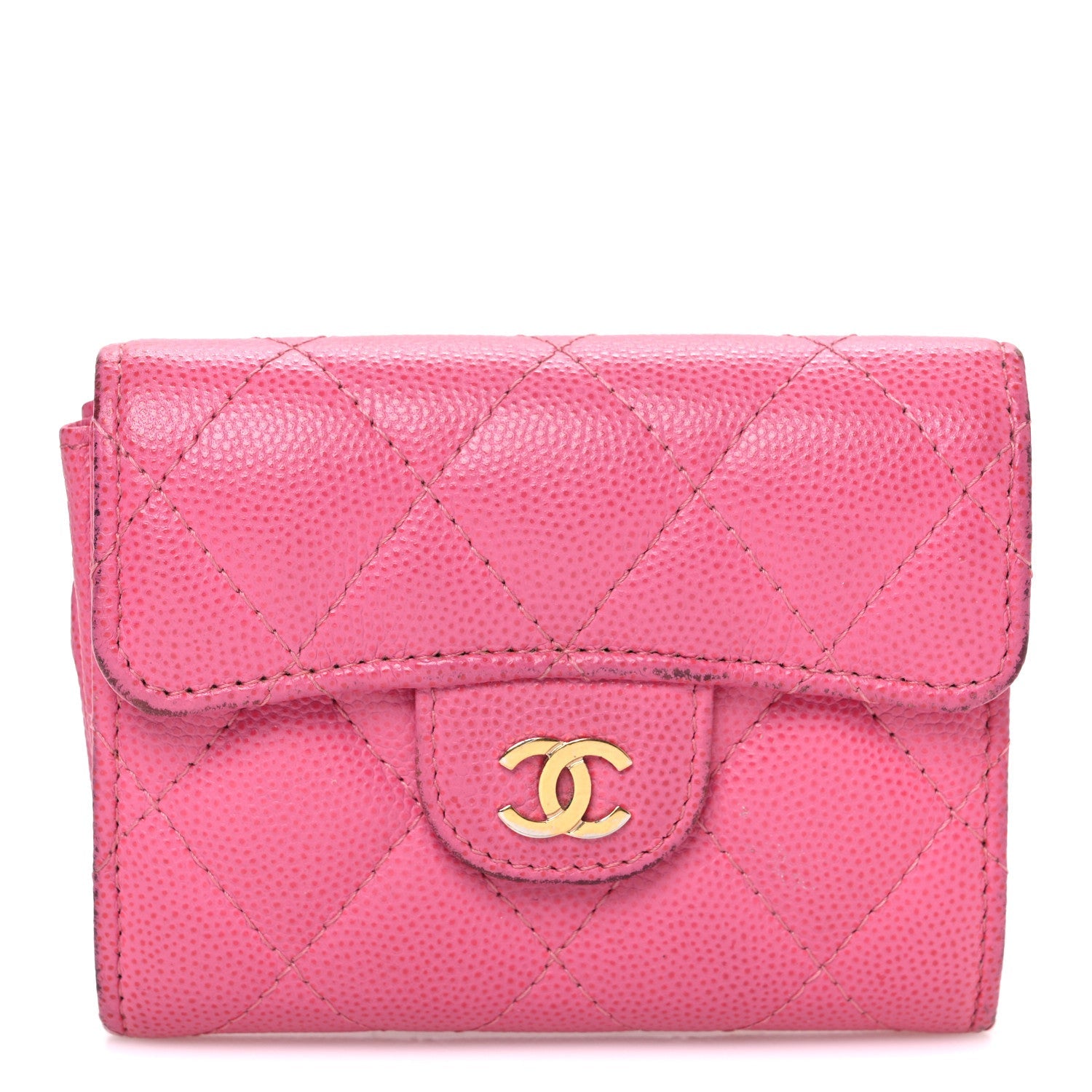 Caviar Quilted Flap Card Holder Wallet Dark Pink