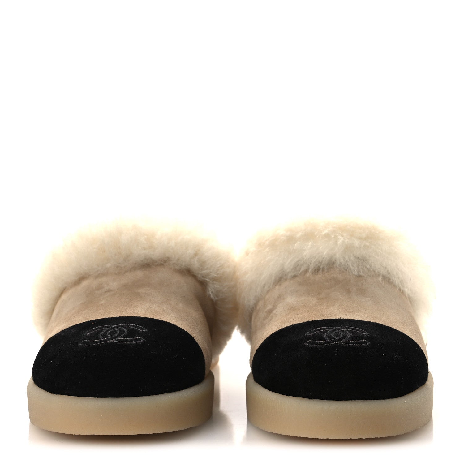 Suede Shearling CC Cap Toe Mules 39 Beige Black