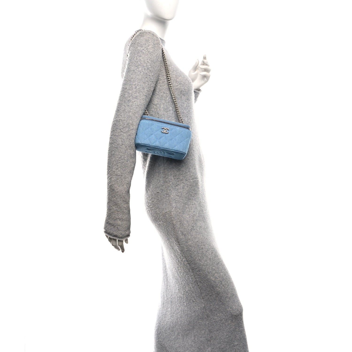 Denim Quilted Sweetheart Small Vanity Case With Chain Blue
