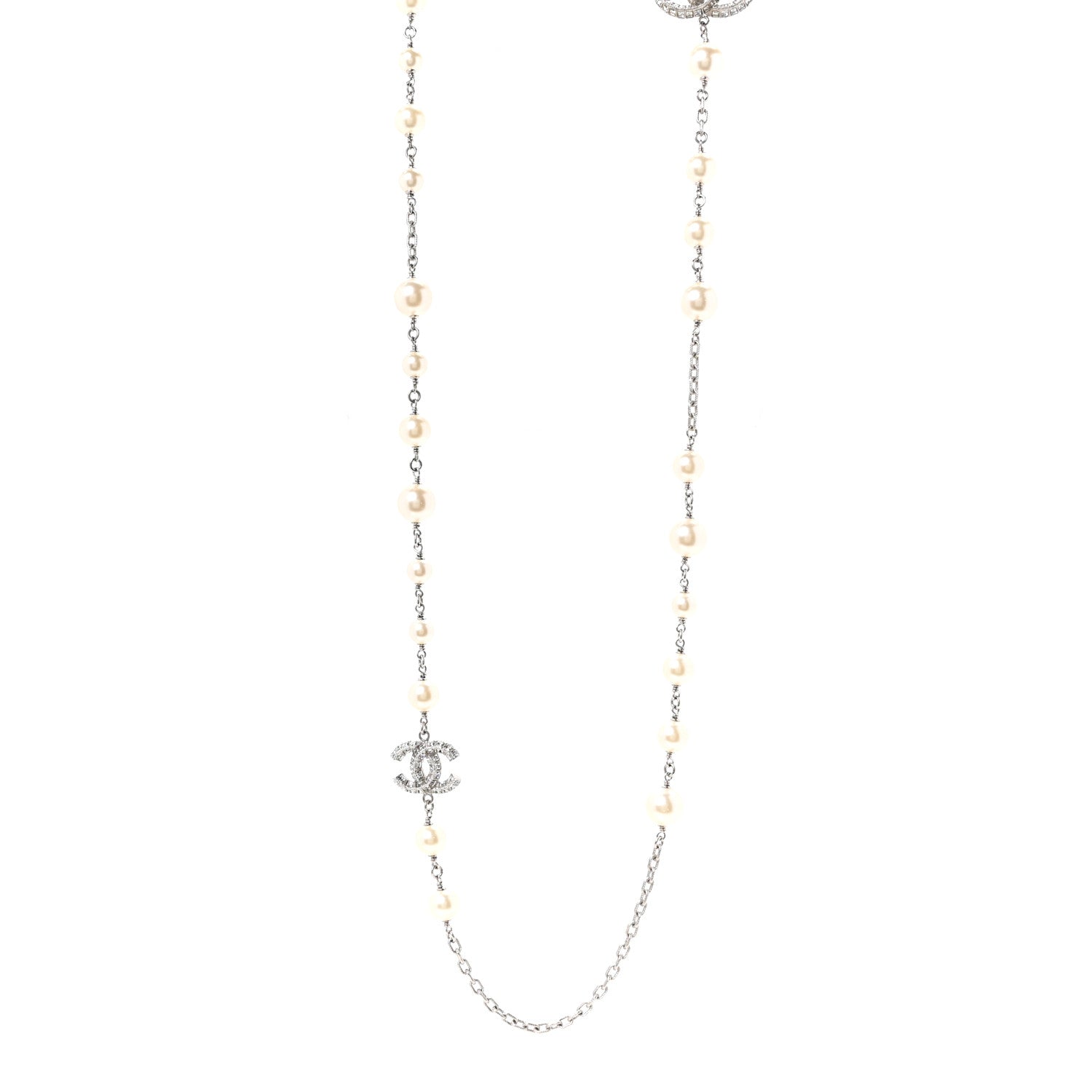 Graduated Pearl Crystal CC Long Necklace Silver