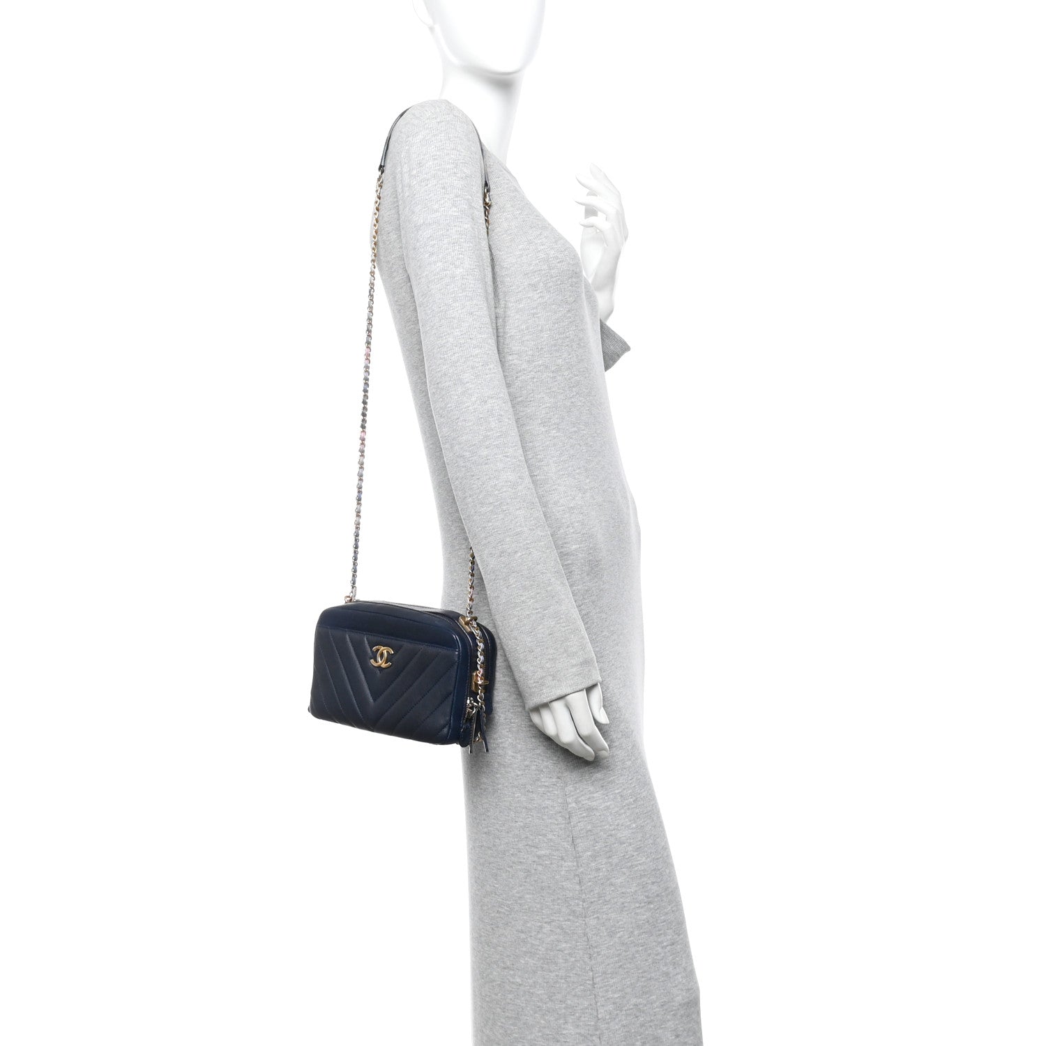 Lambskin Chevron Quilted Chain Around Camera Case Navy