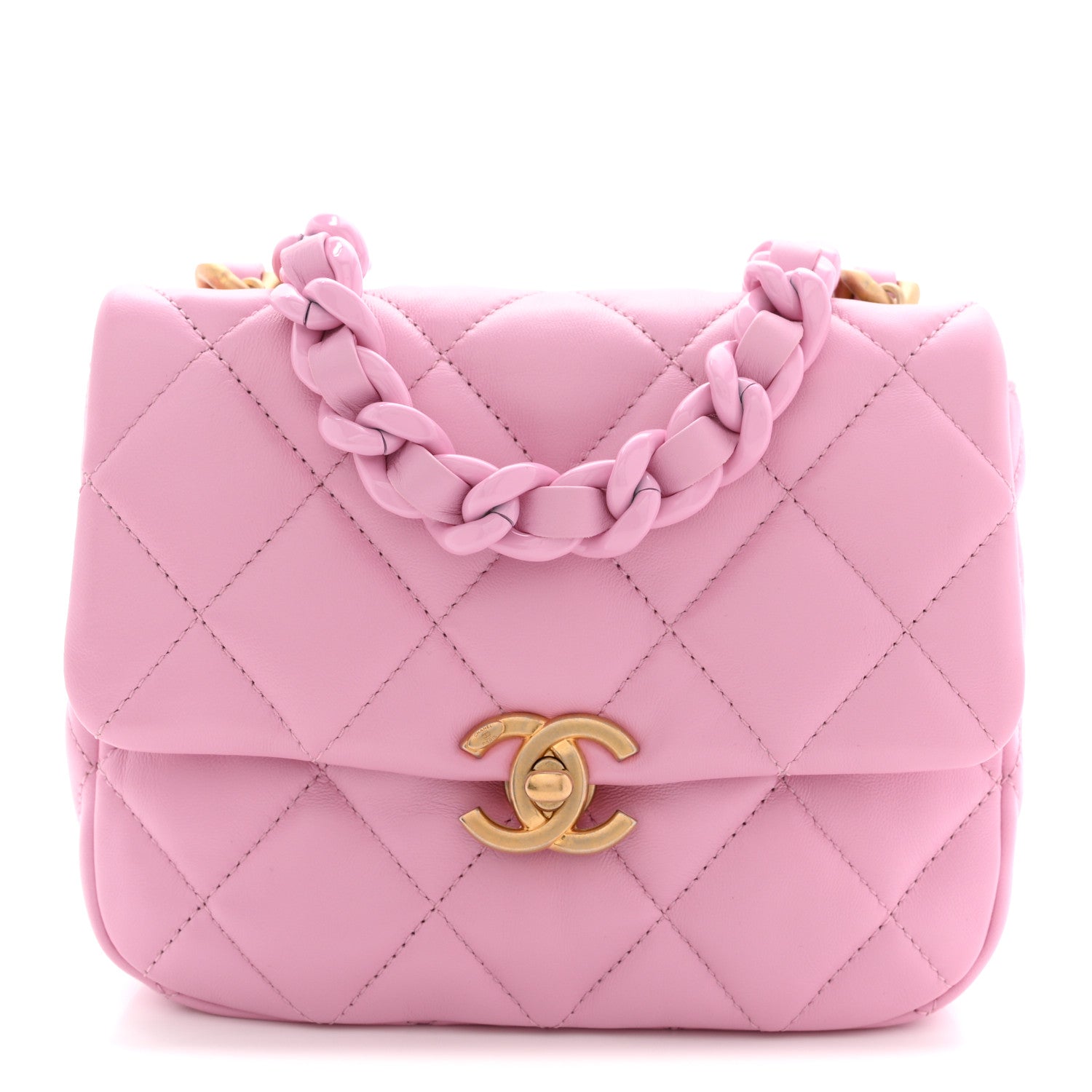 Lambskin Quilted Mini Lacquered Chain Flap Pink