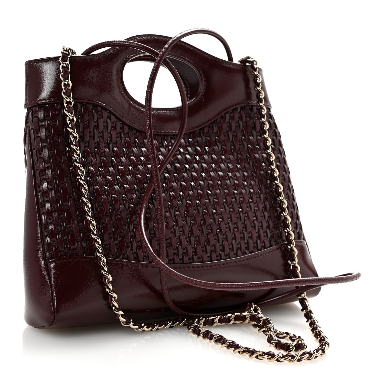 Shiny Lambskin Patent Calfskin Quilted Mini 31 Shopping Bag Dark Burgundy
