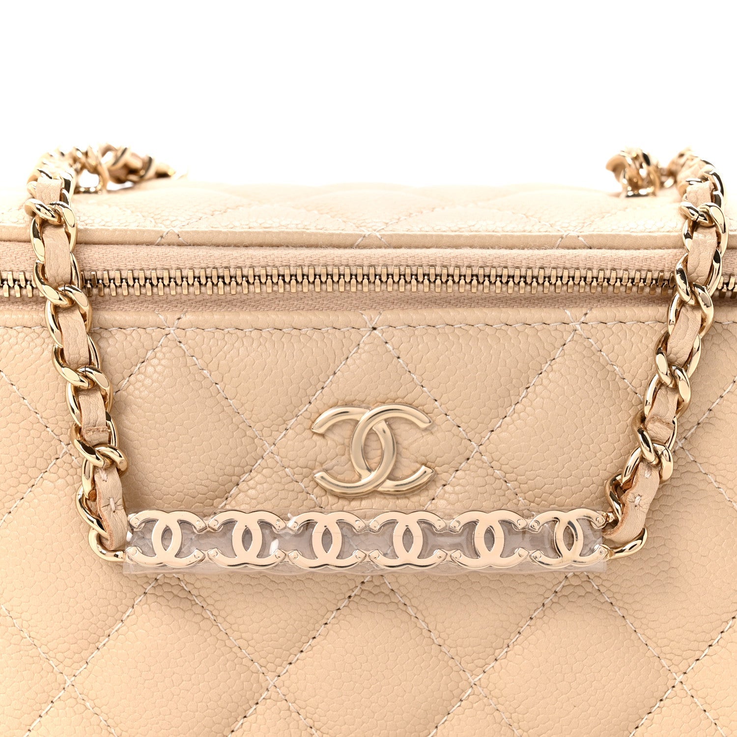 Caviar Quilted Small Tiny CC Vanity Case With Chain Beige