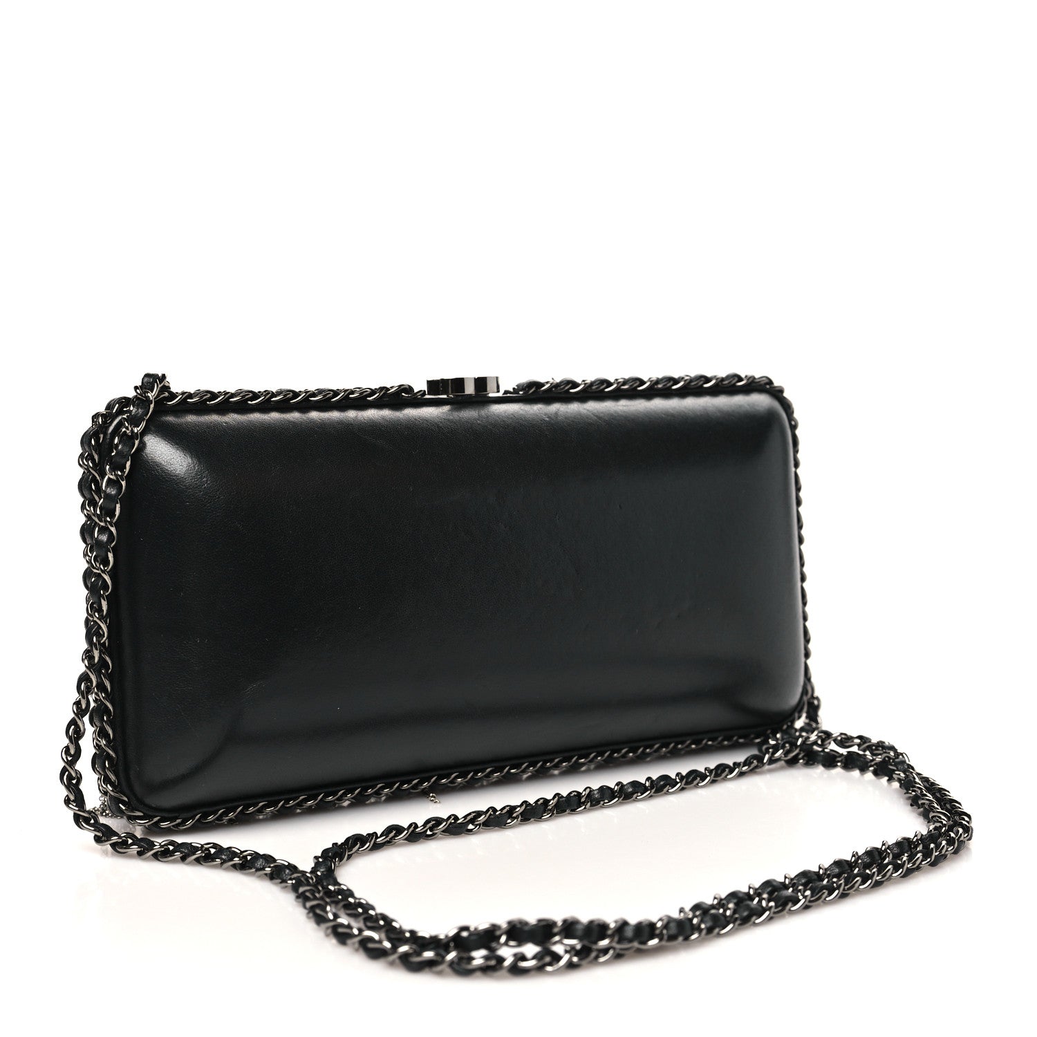Lambskin Chain Fringe Clutch With Chain  Black