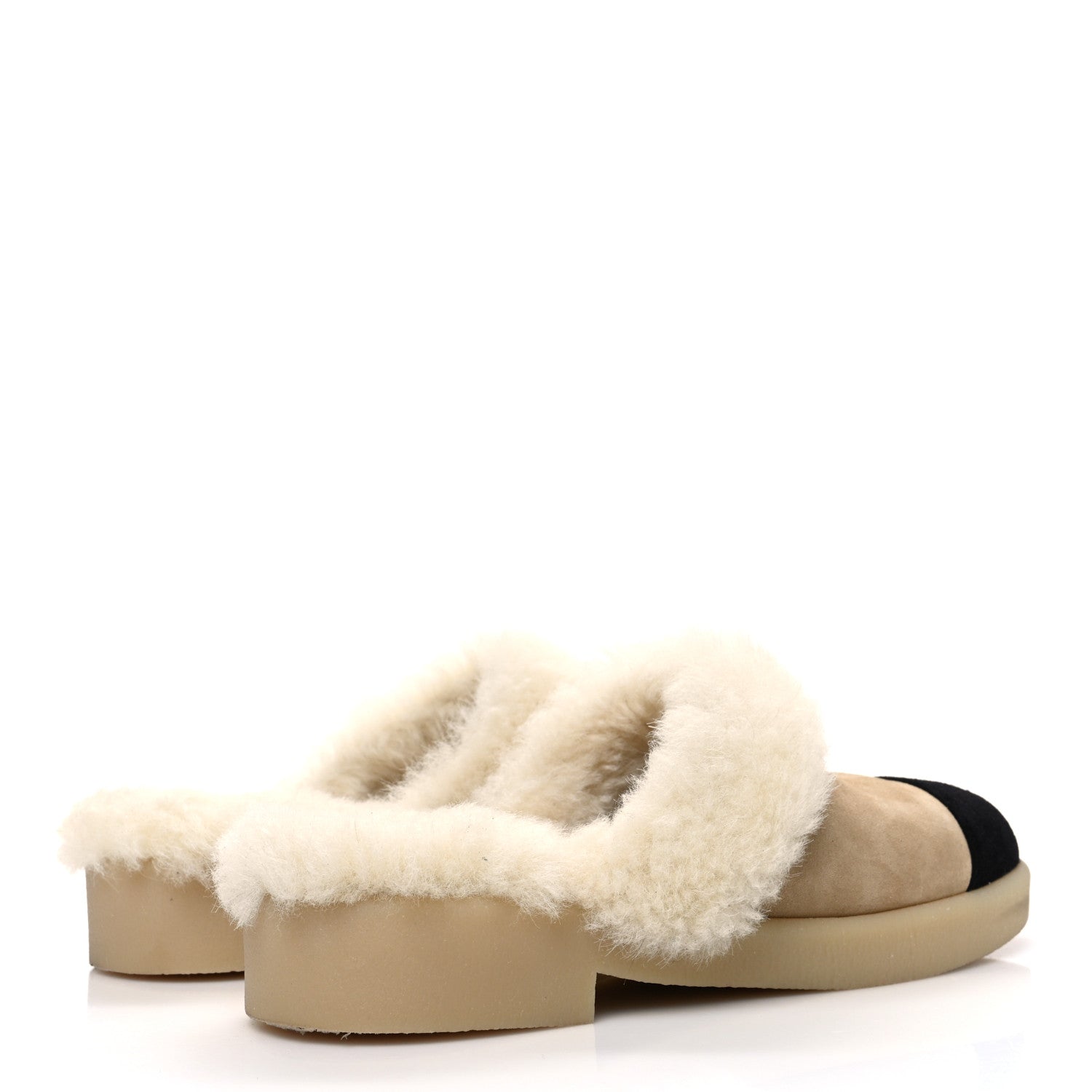 Suede Shearling CC Cap Toe Mules 41 Beige Black