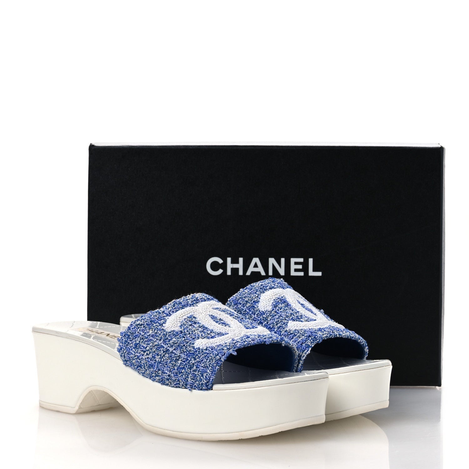 Tweed Sequin Patent Calfskin CC Mule Sandals 41 Blue White