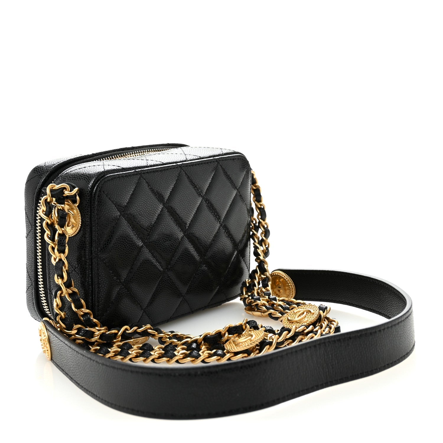Caviar Quilted Twist Your Buttons Clutch With Chain Black