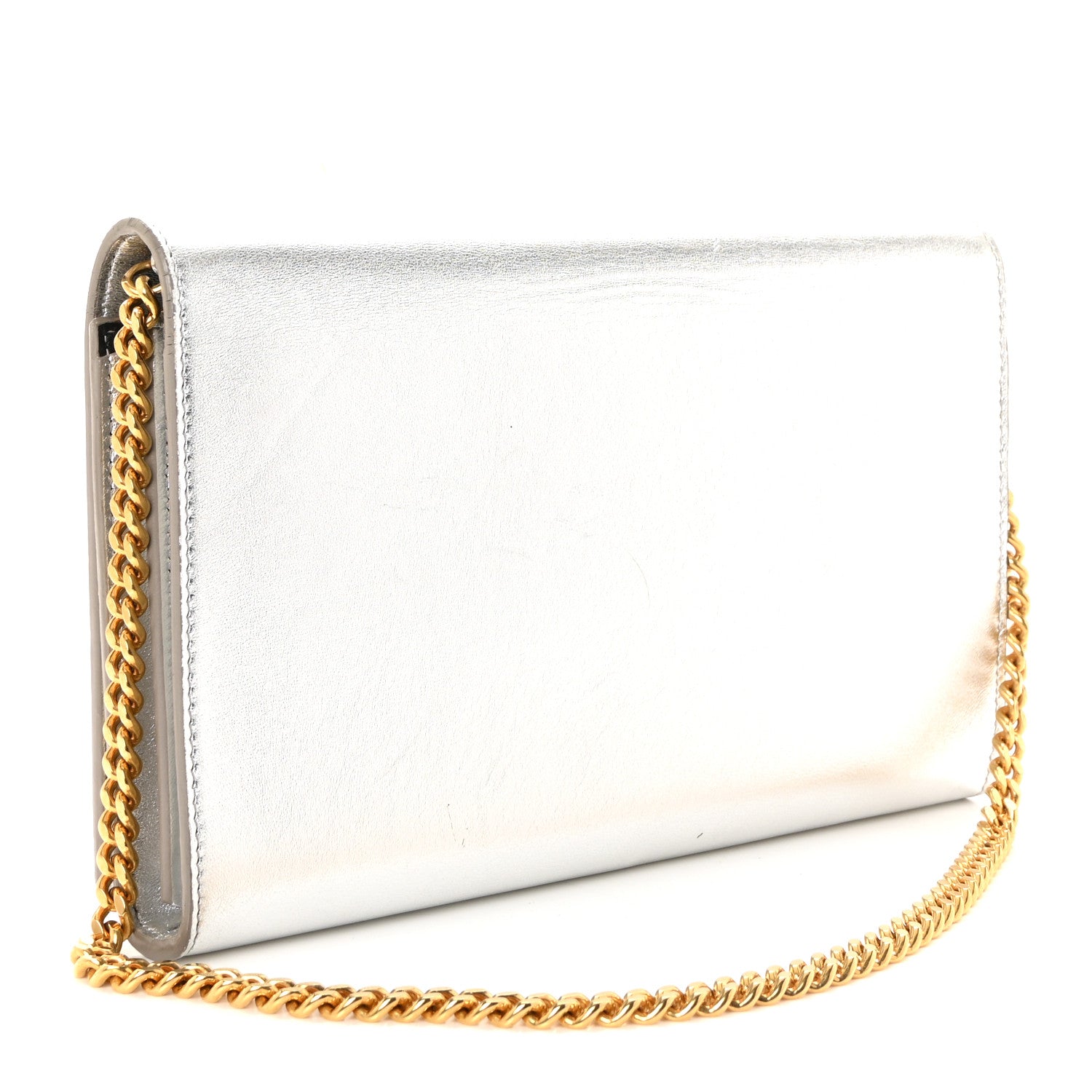 Metallic Grained Calfskin Classic Letters Chain Wallet Argento