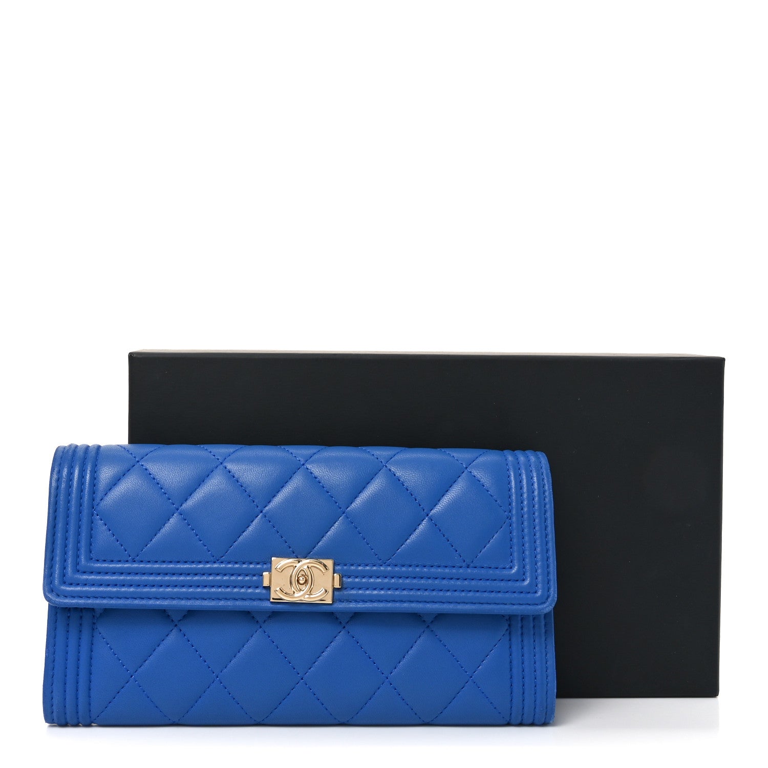 Lambskin Quilted Large Boy Gusset Flap Wallet Blue