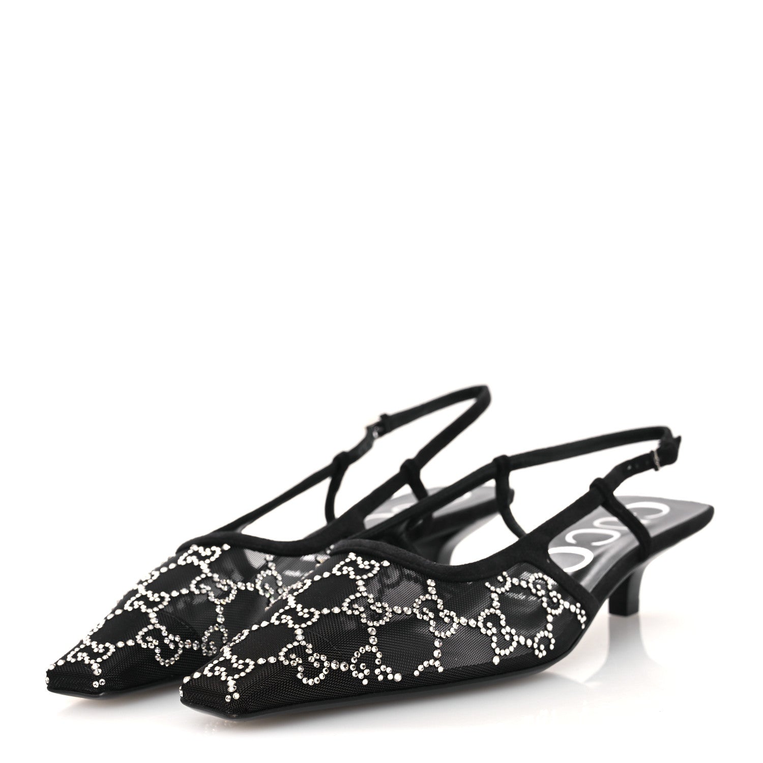 Tela Retino Kid Scamosciato Crystal GG Monogram Square G 35mm Slingback Pumps 38.5 Black
