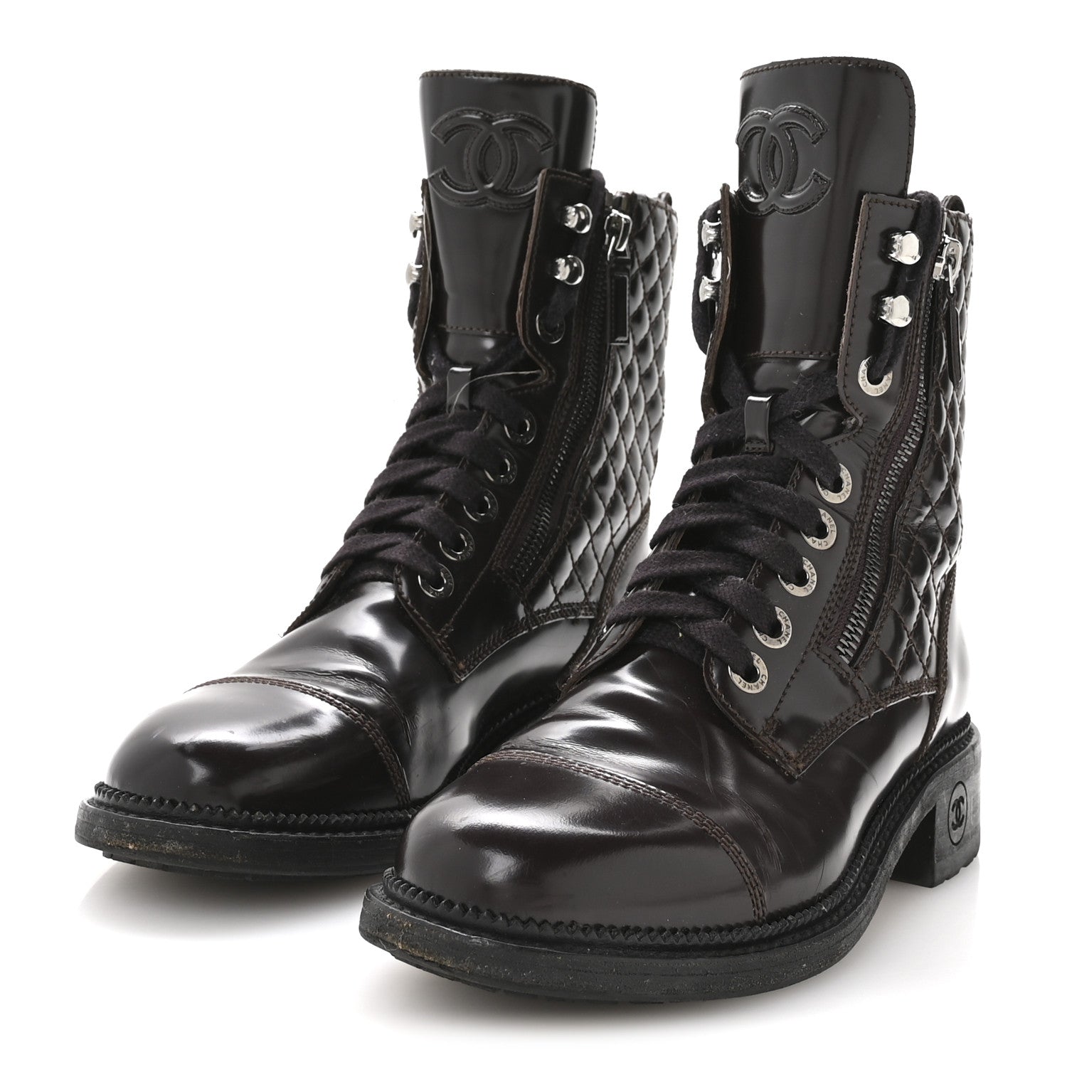 Shiny Calfskin Quilted CC Lace Up Combat Boots 37.5 Dark Burgundy