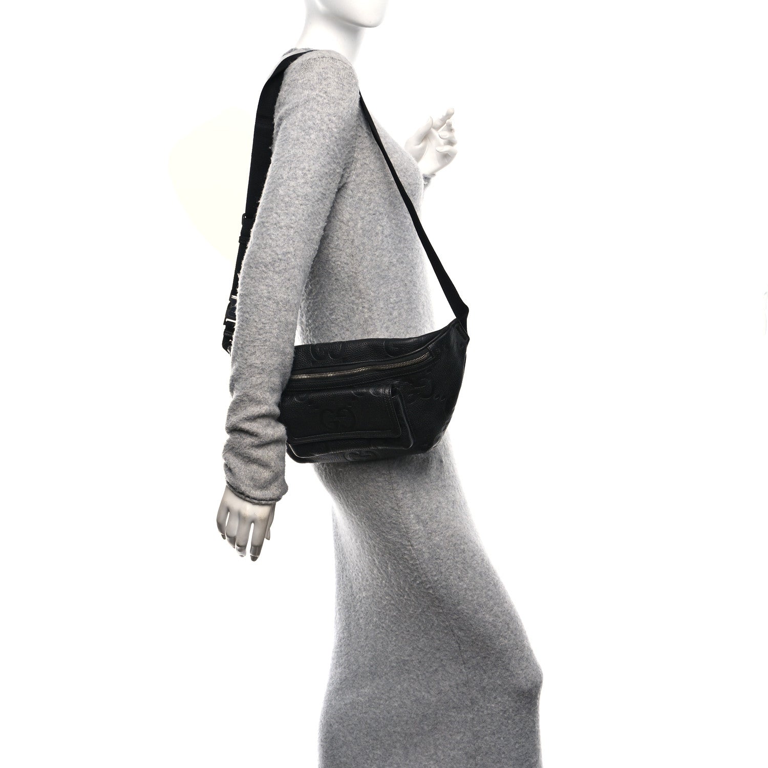 Piuma Calfskin Jumbo GG Embossed Pocket Belt Bag  Black