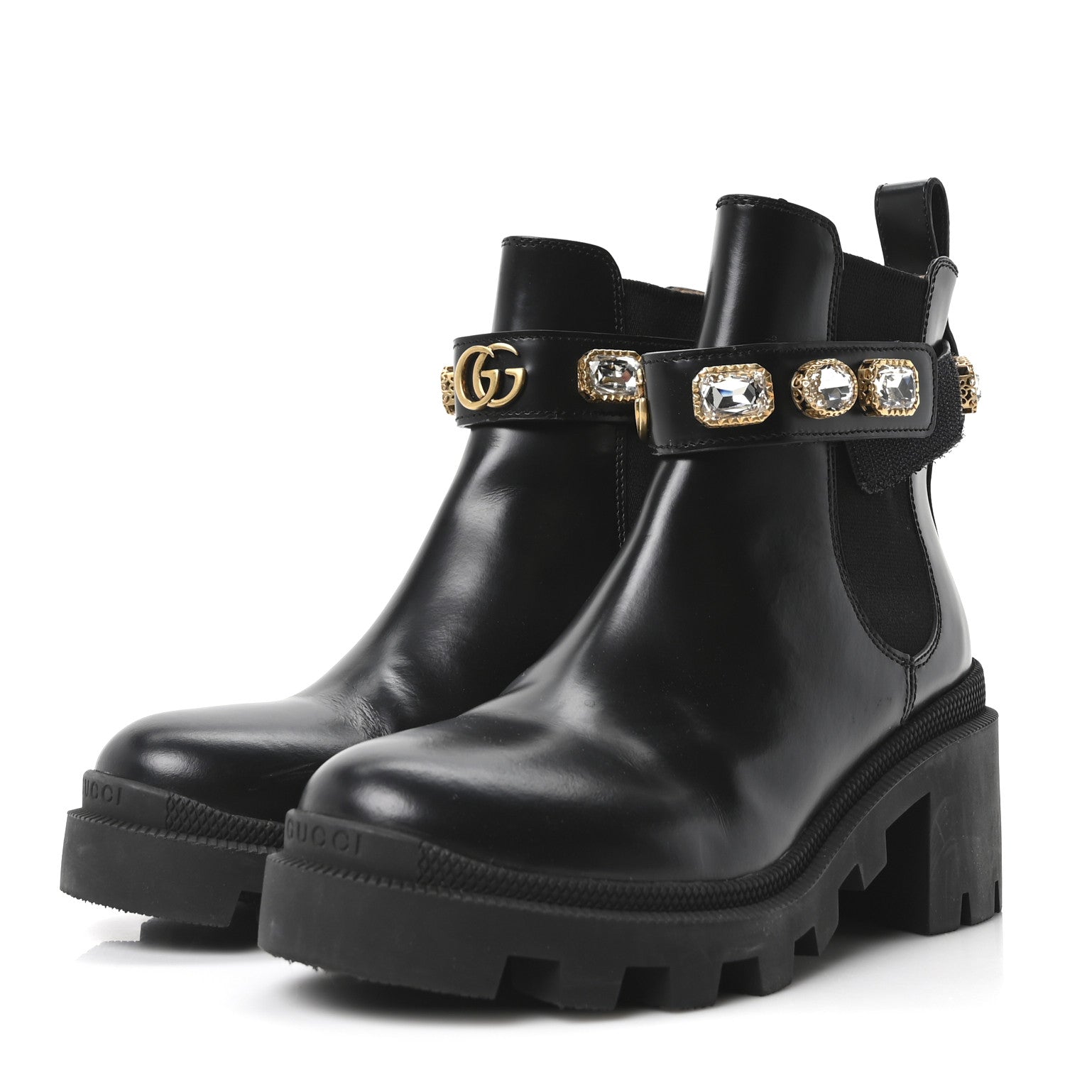 Calfskin Crystal GG Trip Chelsea Ankle Boots 35 Black