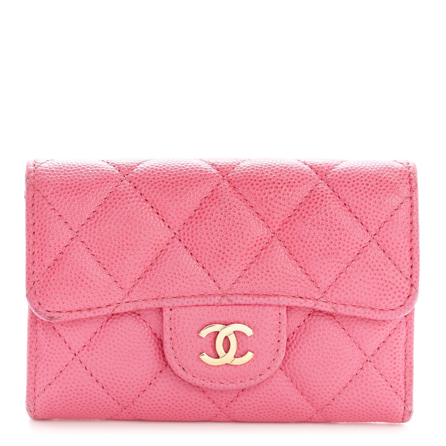 Caviar Quilted Flap Card Holder Wallet Pink