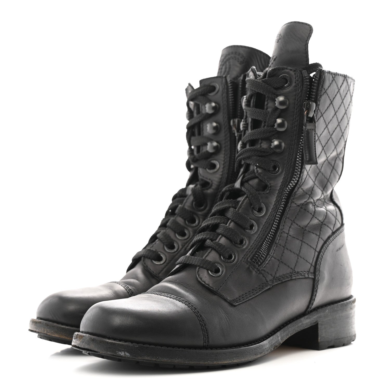 Calfskin Quilted Lace Up Combat Boots  38 Black
