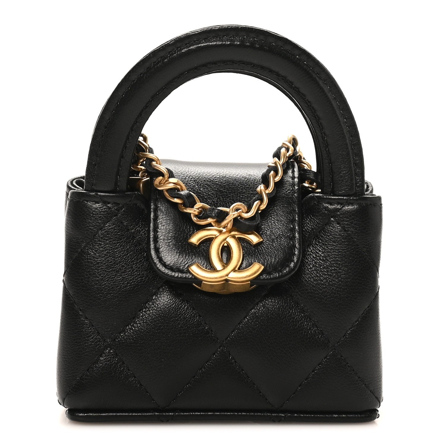 Shiny Lambskin Quilted Mini Kelly Bag Charm Black