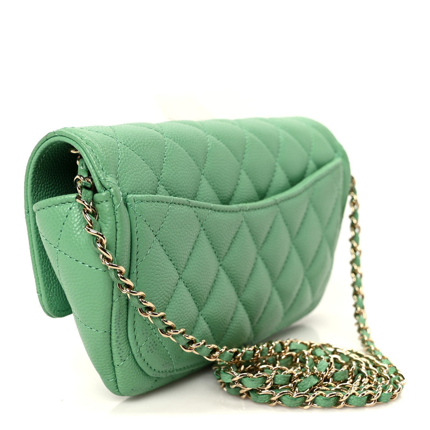 Caviar Quilted Flap Phone Holder With Chain Green