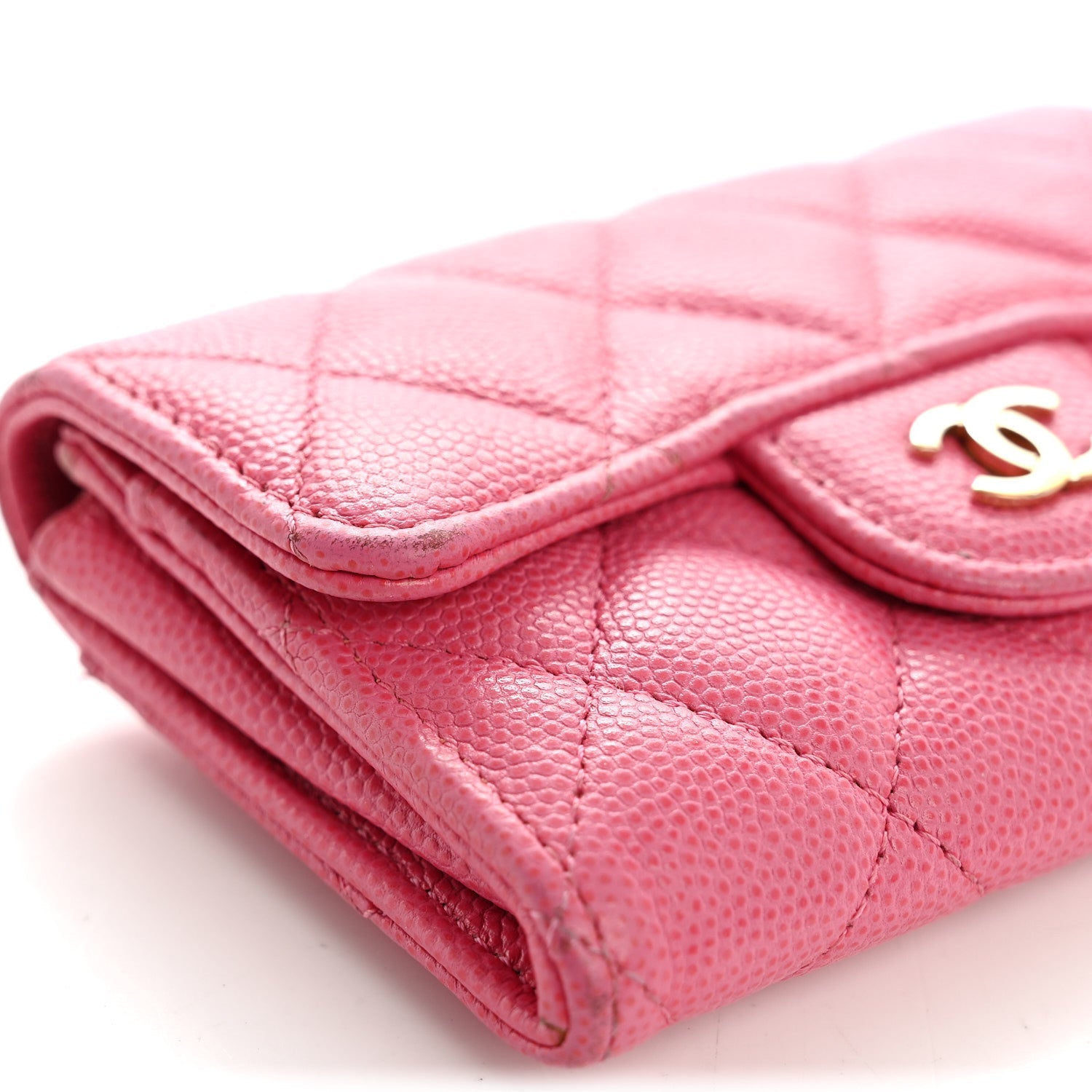 Caviar Quilted Flap Card Holder Wallet Pink