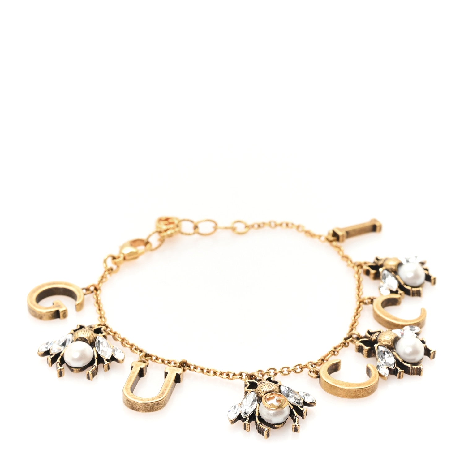 Crystal Pearl Bee Logo Charm Bracelet Aged Gold