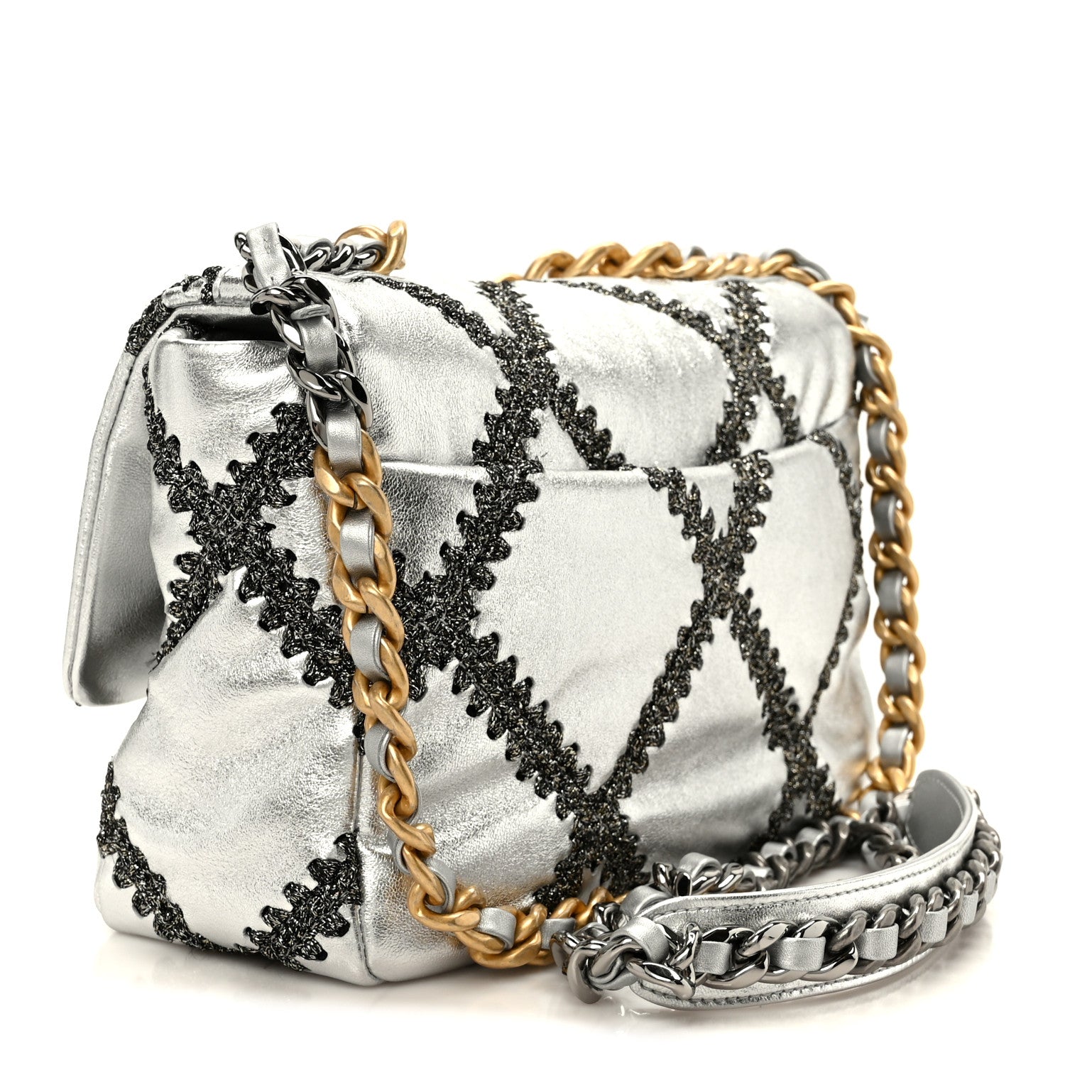Metallic Calfskin Crochet Medium Chanel 19 Flap Silver