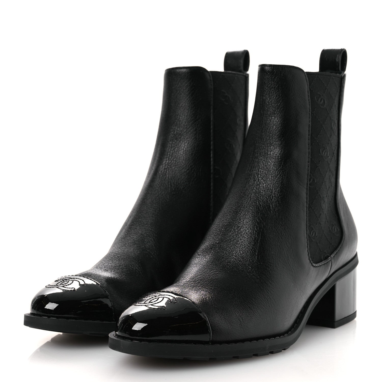 Shiny Grained Calfskin Patent Cap Toe Interlocking CC Short Boots 37.5 Black