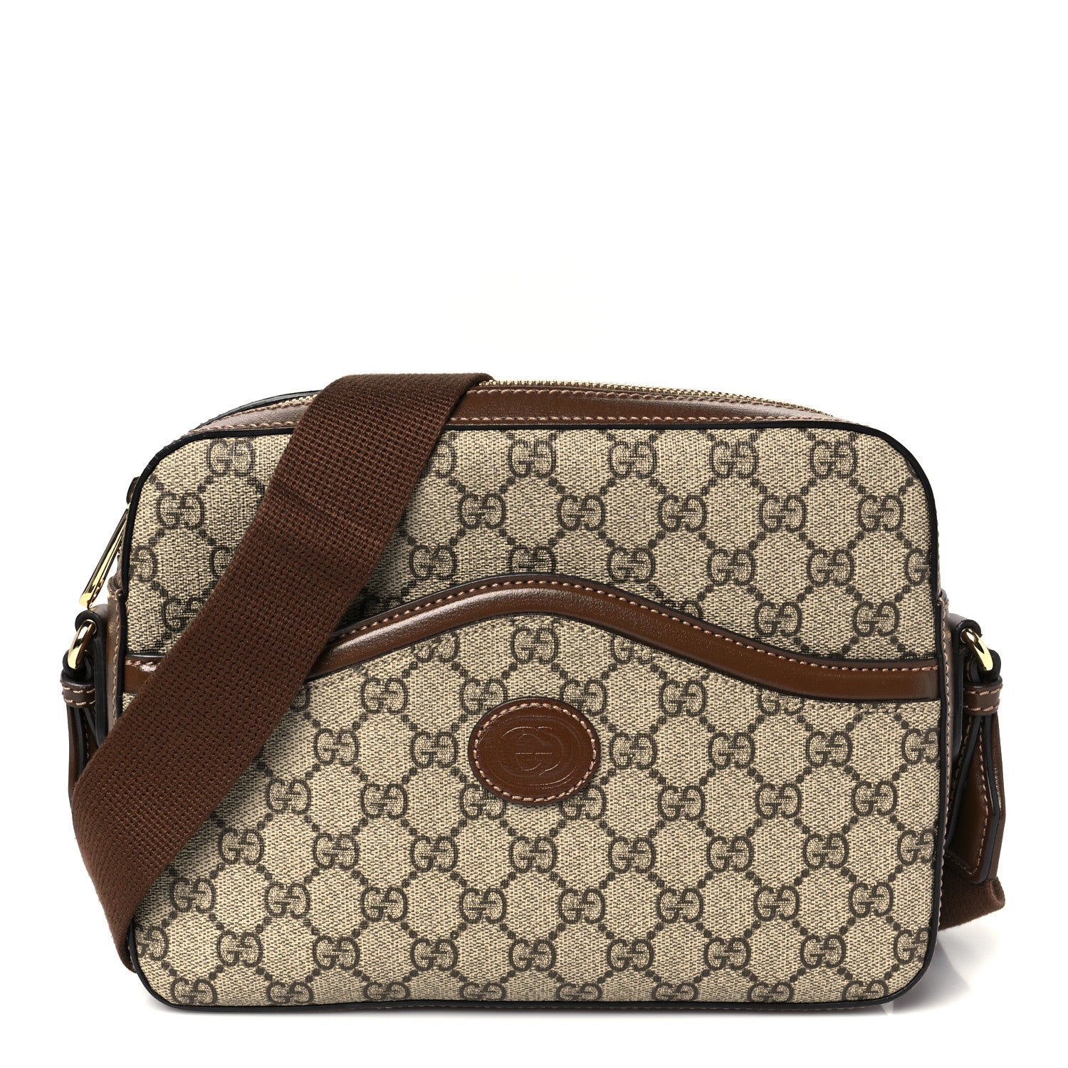 GG Supreme Monogram Azalea Calfskin Retro Interlocking G Messenger Shoulder Bag Beige Ebony Brown Sugar