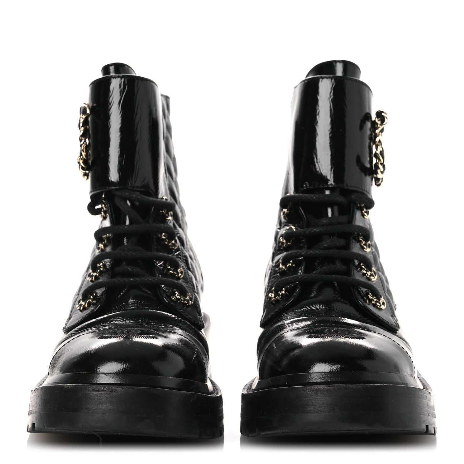 Shiny Calfskin Quilted Lace Up Combat Boots 37 Black