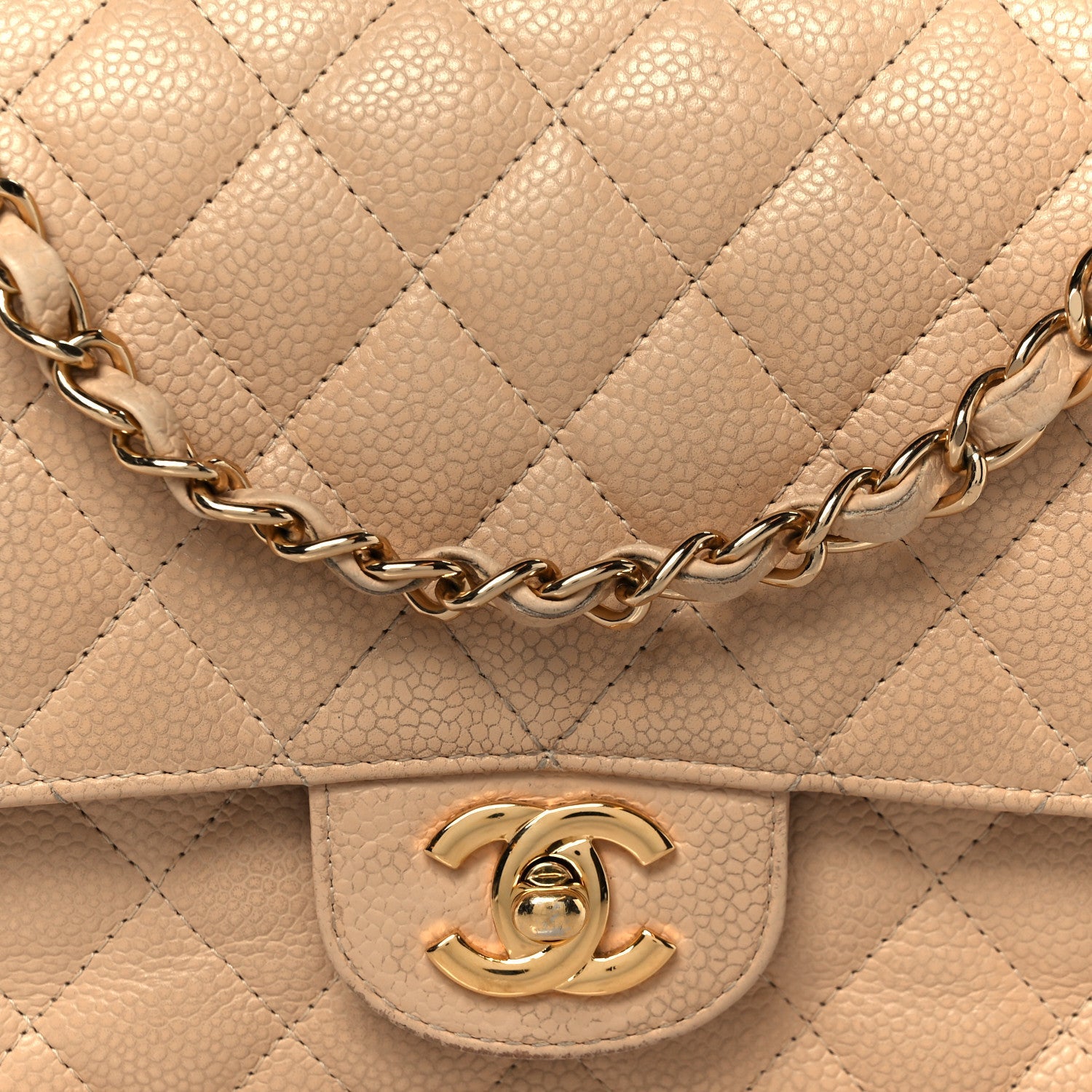 Caviar Quilted Medium Double Flap Beige