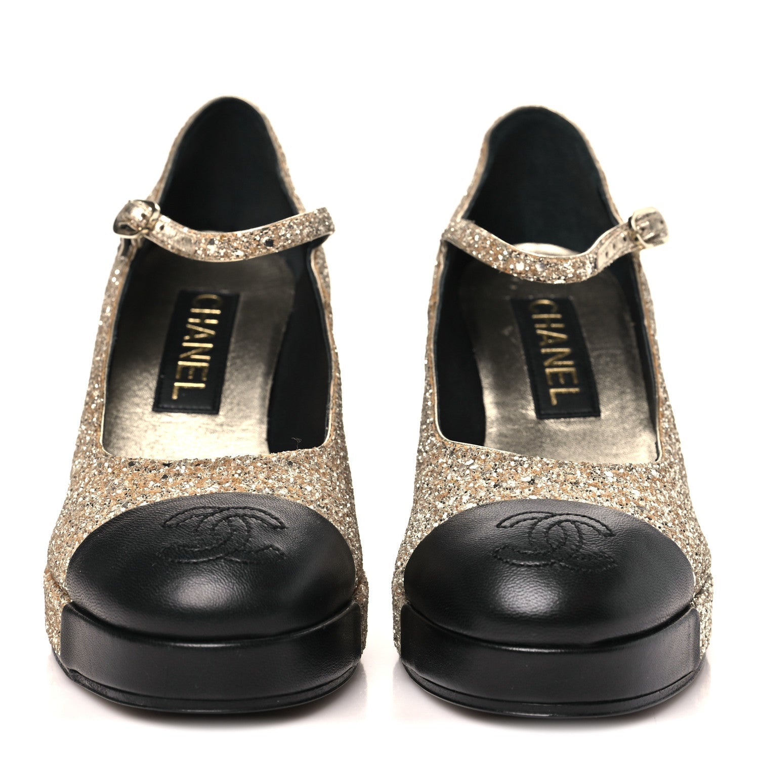 Glitter Lambskin Cap Toe CC Mary Jane Pumps 37 Light Gold Black